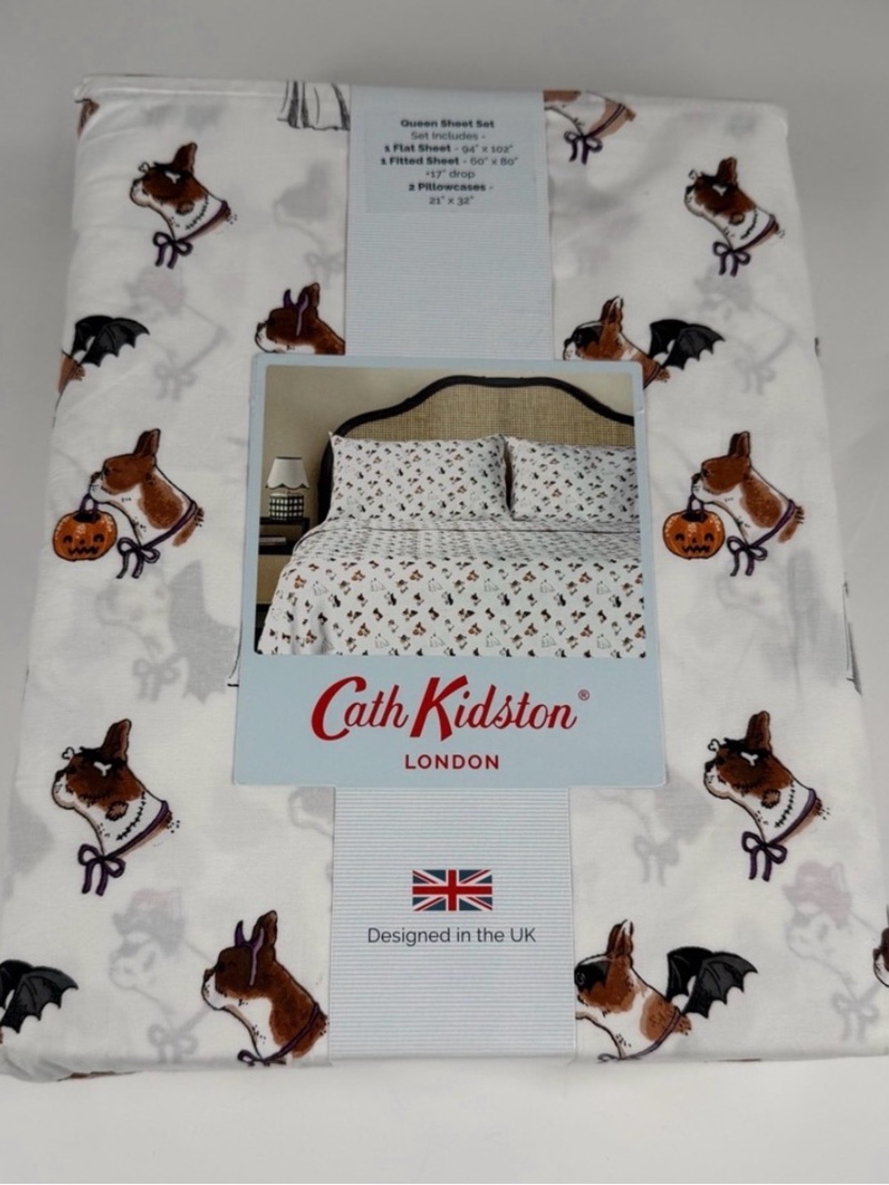Cath Kidston London “Spooky Dogs” Multicolor Queen 100% Cotton Sheet Set 4pc